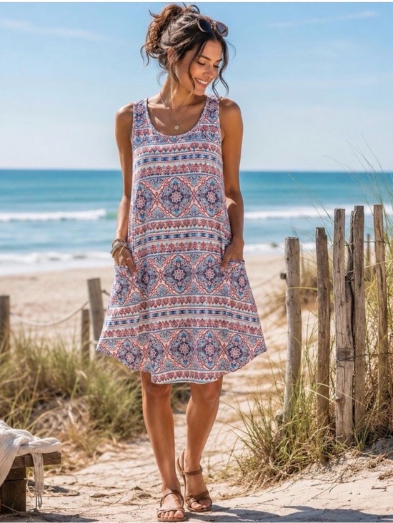 Camisa Dresses & Skirts - Camisa Boho Medallion Pocket Swing Dress Sleeveless Coastal Festival Beach Sz XL